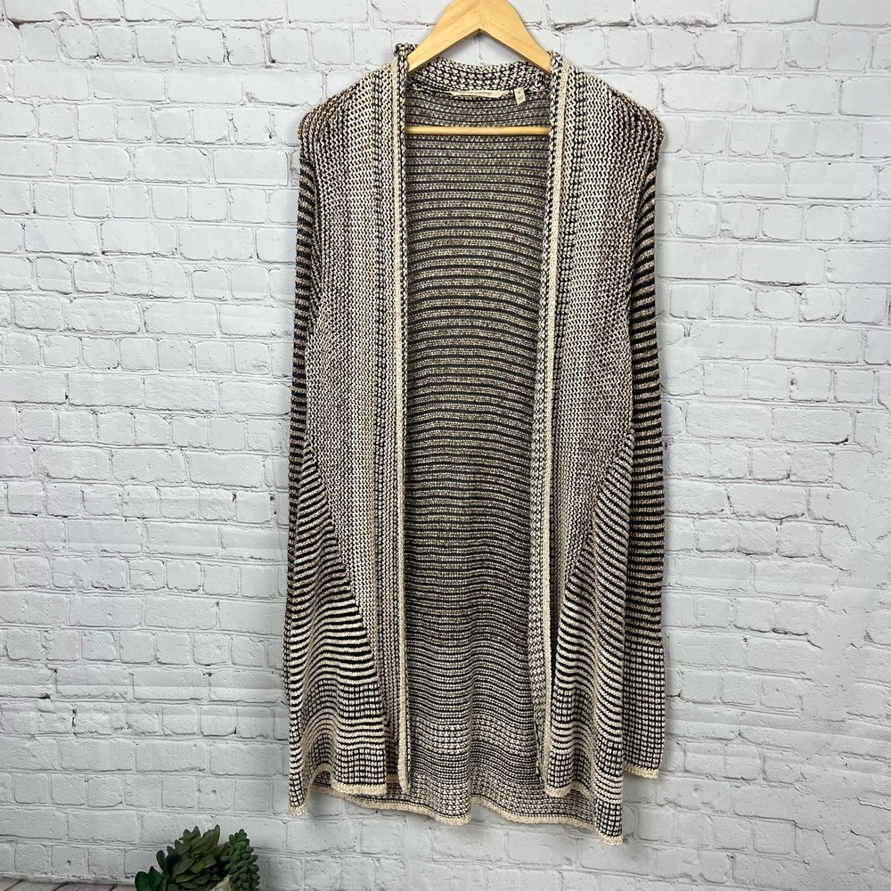Soft Surroundings Linen Viscose Striped Duster Cardigan Tan Black Long Sleeve M